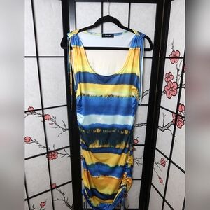 Chicme Vibrant Yellow Blue Scoop Neck Bodycon Sleeveless Drawstring Mini Dress